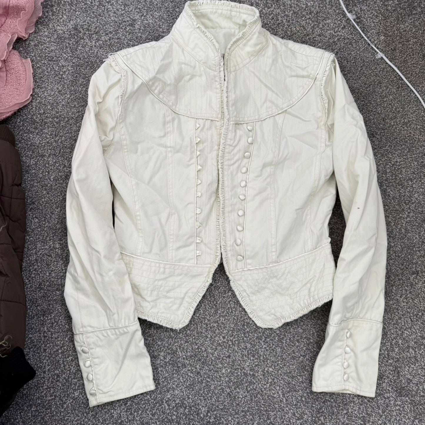 Y2K vintage military denim jacket hook and eye high neck stripe buttons archive