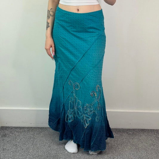 Y2K vintage ombre polka dot embroidered floral light dark blue a line size 12