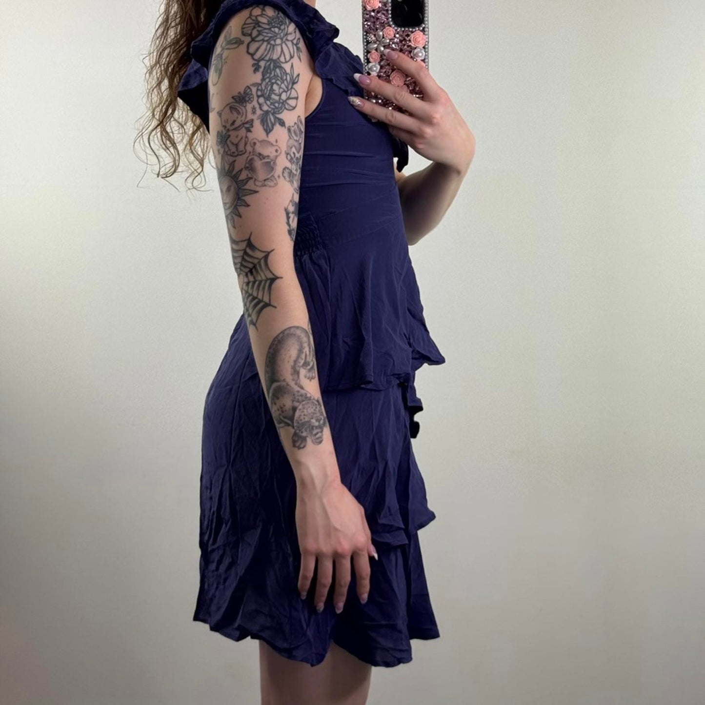 Y2K vintage 100% silk midi dress ruffle layered v neck above knee length purple