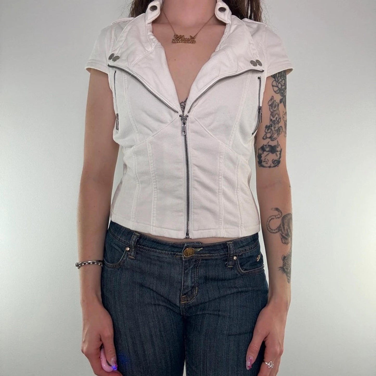 Y2K vintage Jane Norman zip up cap short sleeve jacket v neck zipper fitted