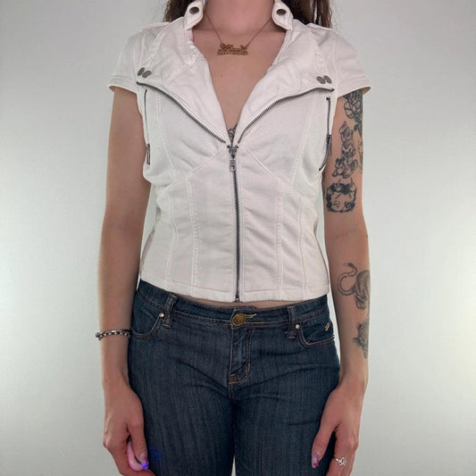 Y2K vintage Jane Norman zip up cap short sleeve jacket v neck zipper fitted