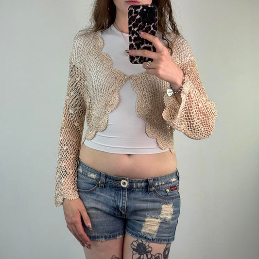 Y2K vintage sparkly knit crochet long flare sleeve cardigan scallop hem cream