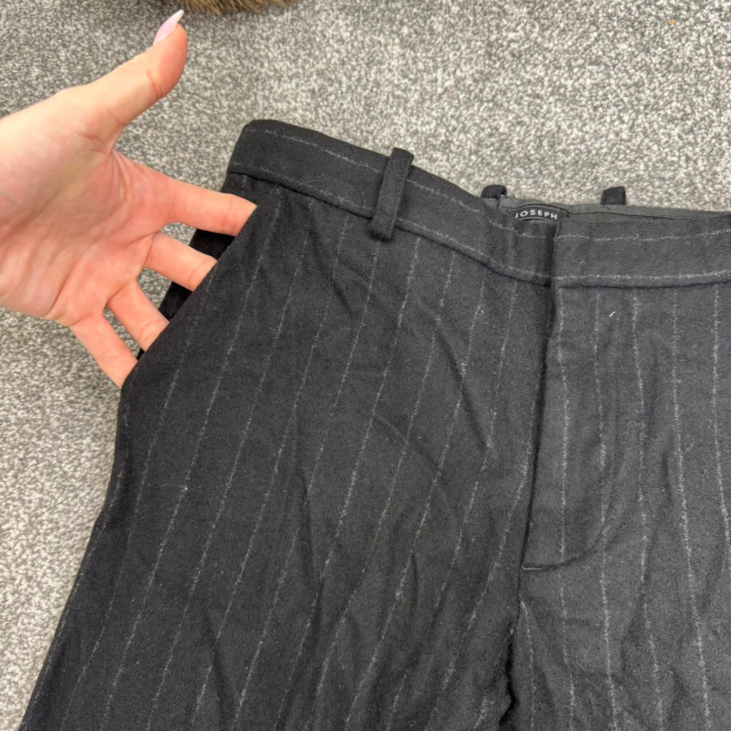 Joseph cashmere wool blend pinstripe bootcut trousers mid rise tailored formal