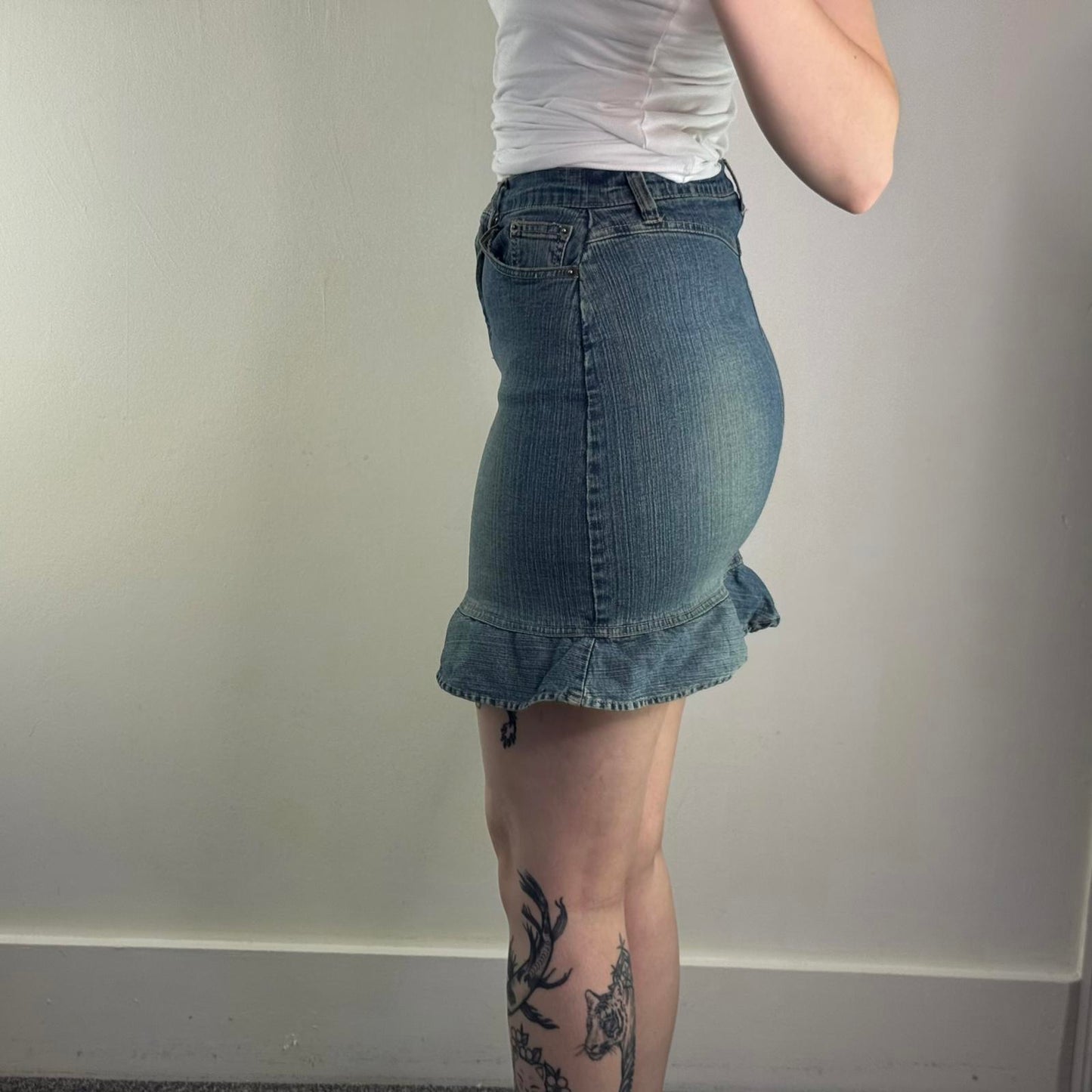 Y2K vintage Pilot faded denim mini skirt frill hem fitted stretchy