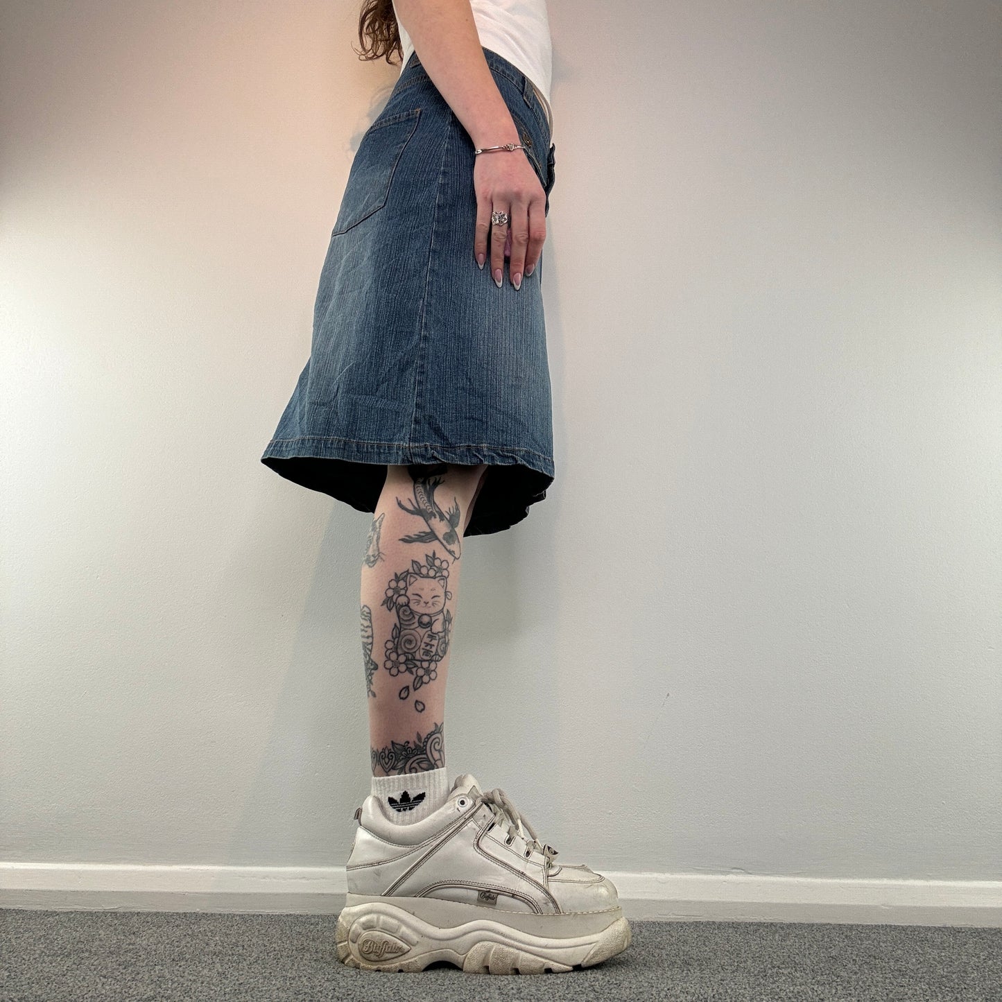 Y2K cargo faded denim midi skirt