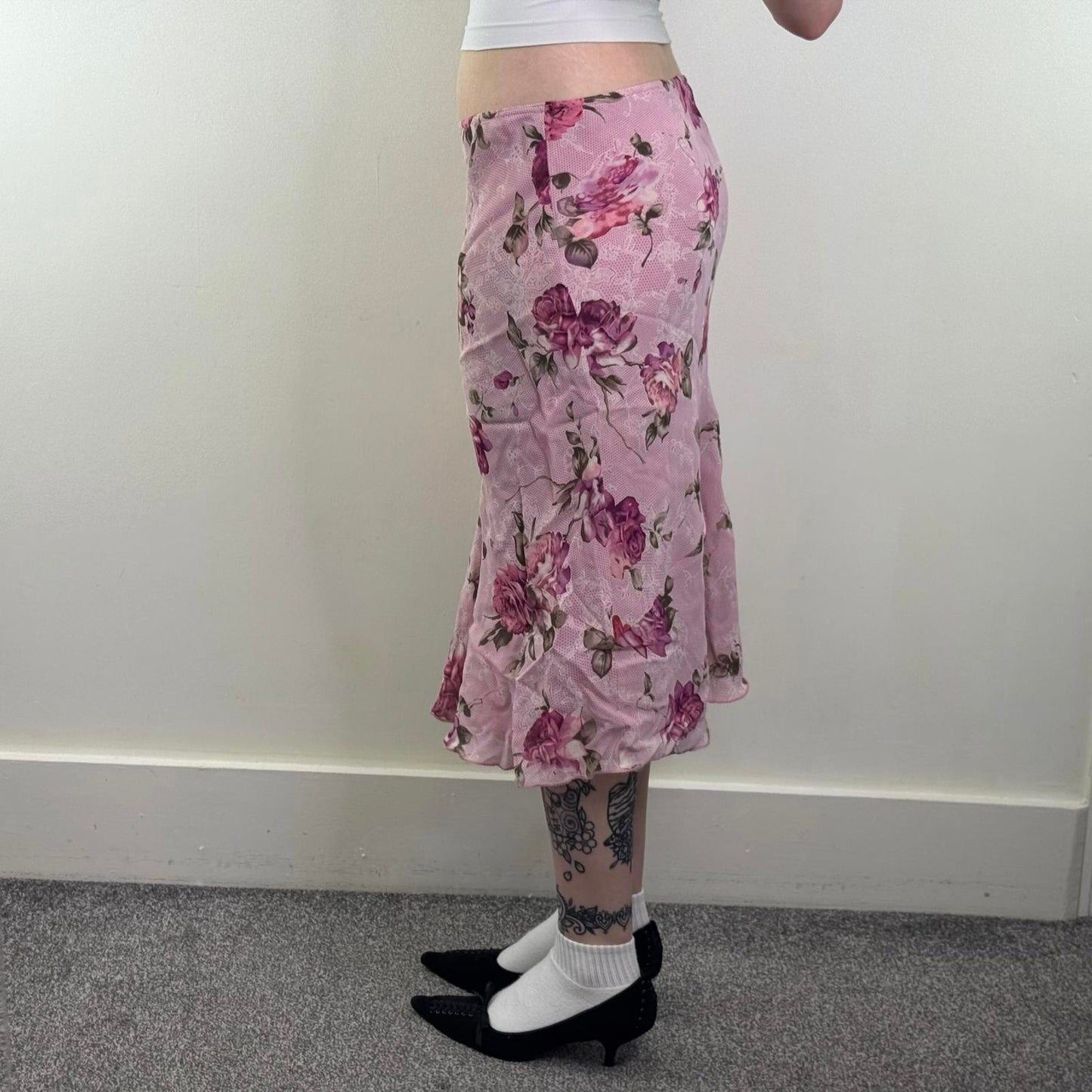 Y2K vintage Per Una floral lace pattern midi skirt frill ruffle low rise stretch