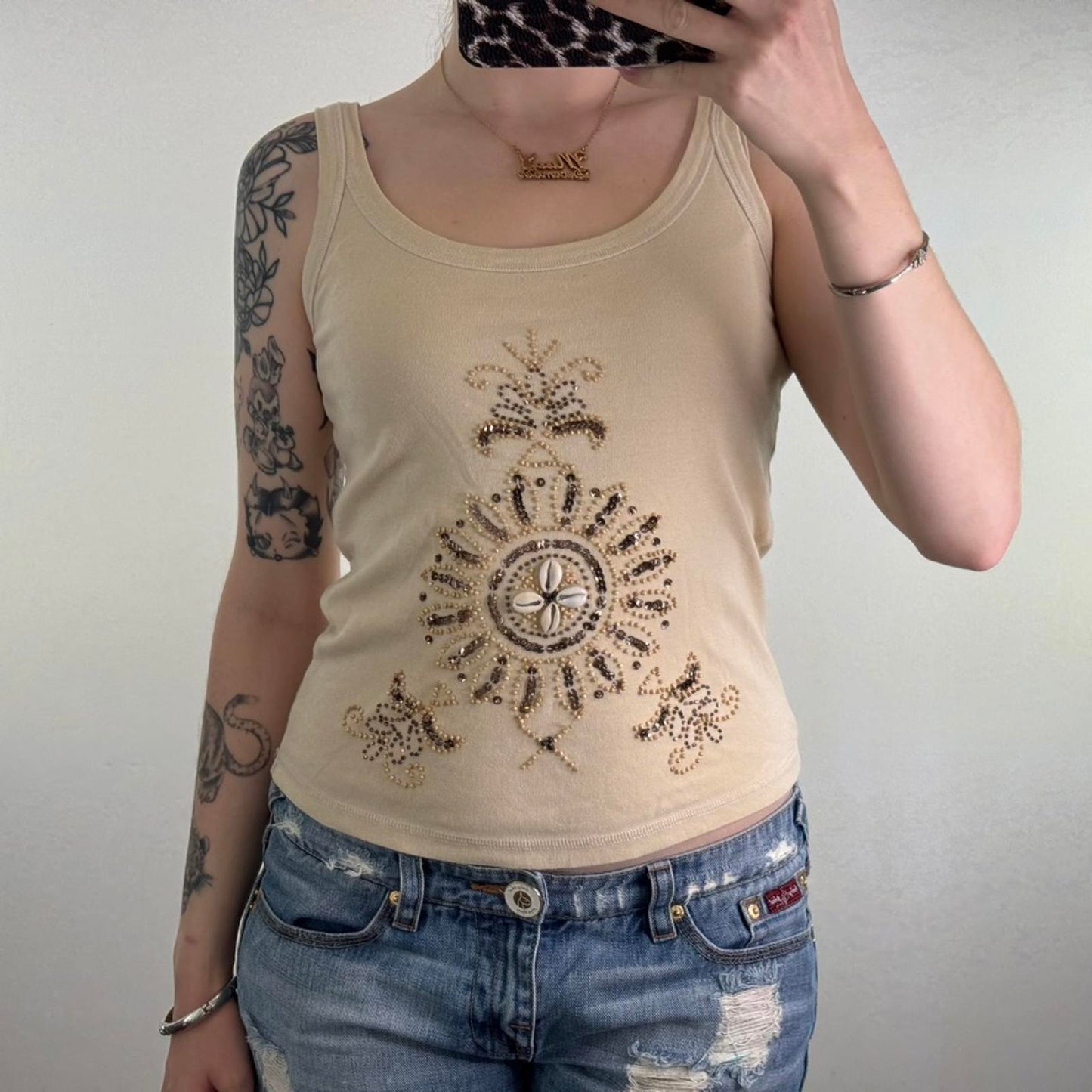 Y2K vintage tank top shell embellished beaded coconut girl summer beach beige