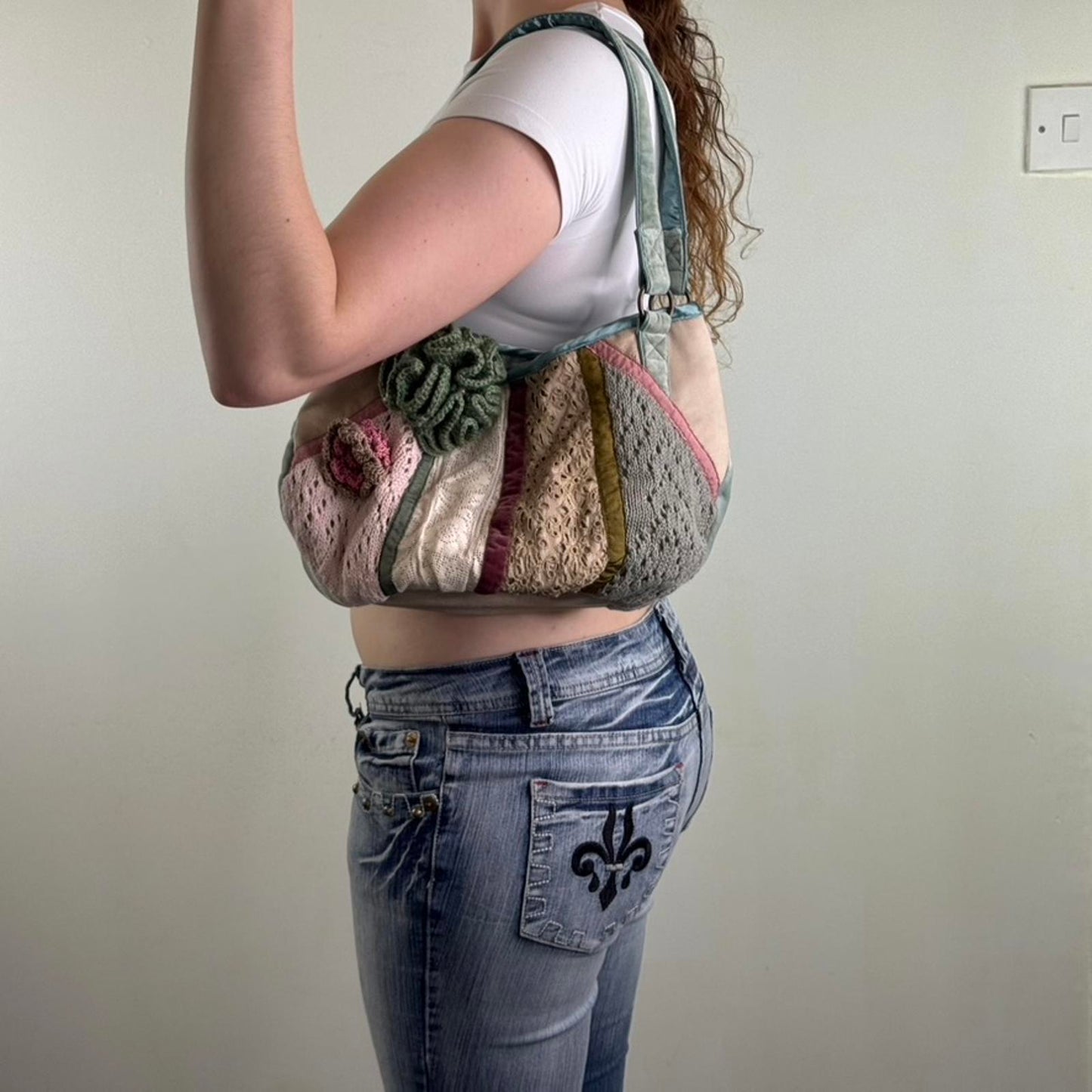 Y2K vintage patchwork shoulder bag crochet knit lace floral velour pastel multi
