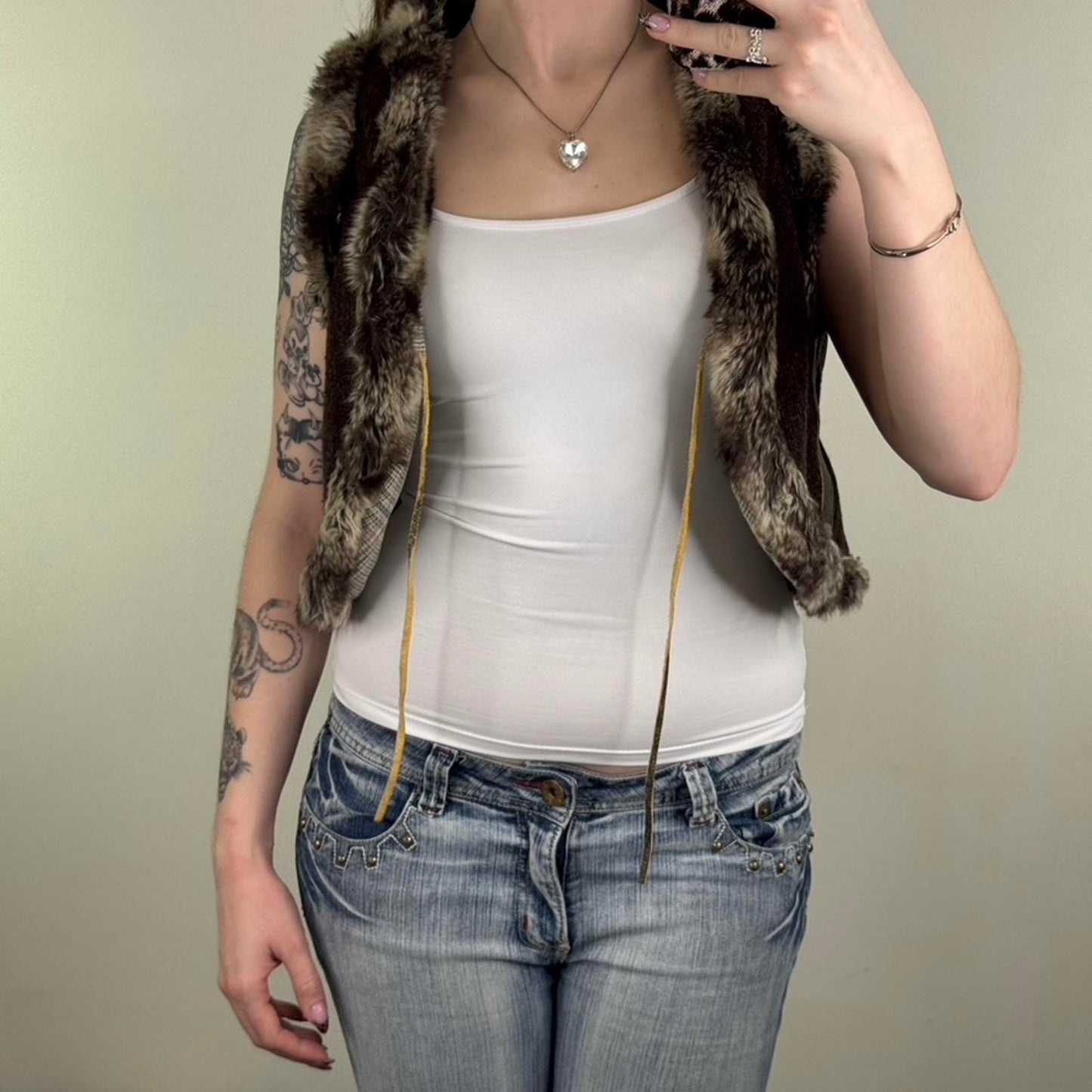 Y2K vintage wool blend gilet faux fur cropped knit open bow front sleeveless