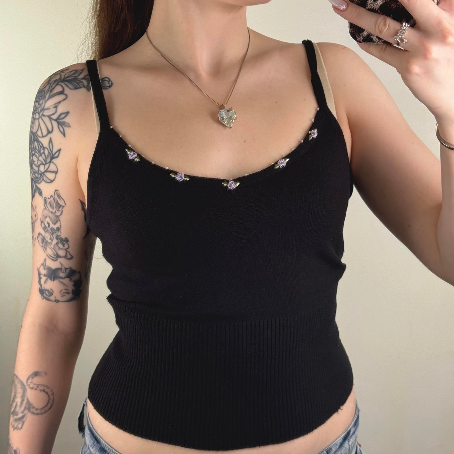 Y2K vintage fine knit cami top stretchy floral embroidered rose beaded v neck