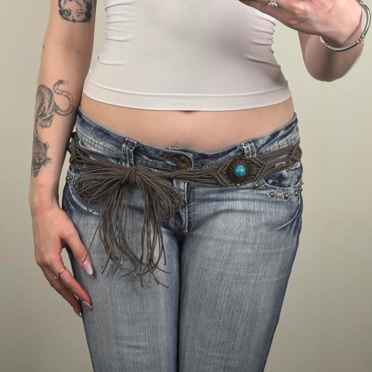 Y2K vintage braided woven belt blue gemstone brown bow adjustable boho festival