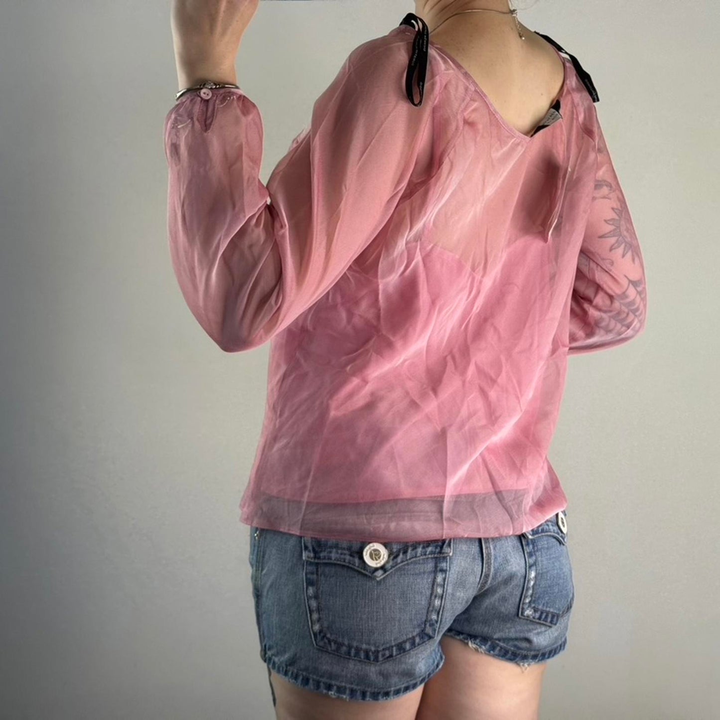 Y2K vintage sheer blouse long sleeve pink keyhole with cami v neck