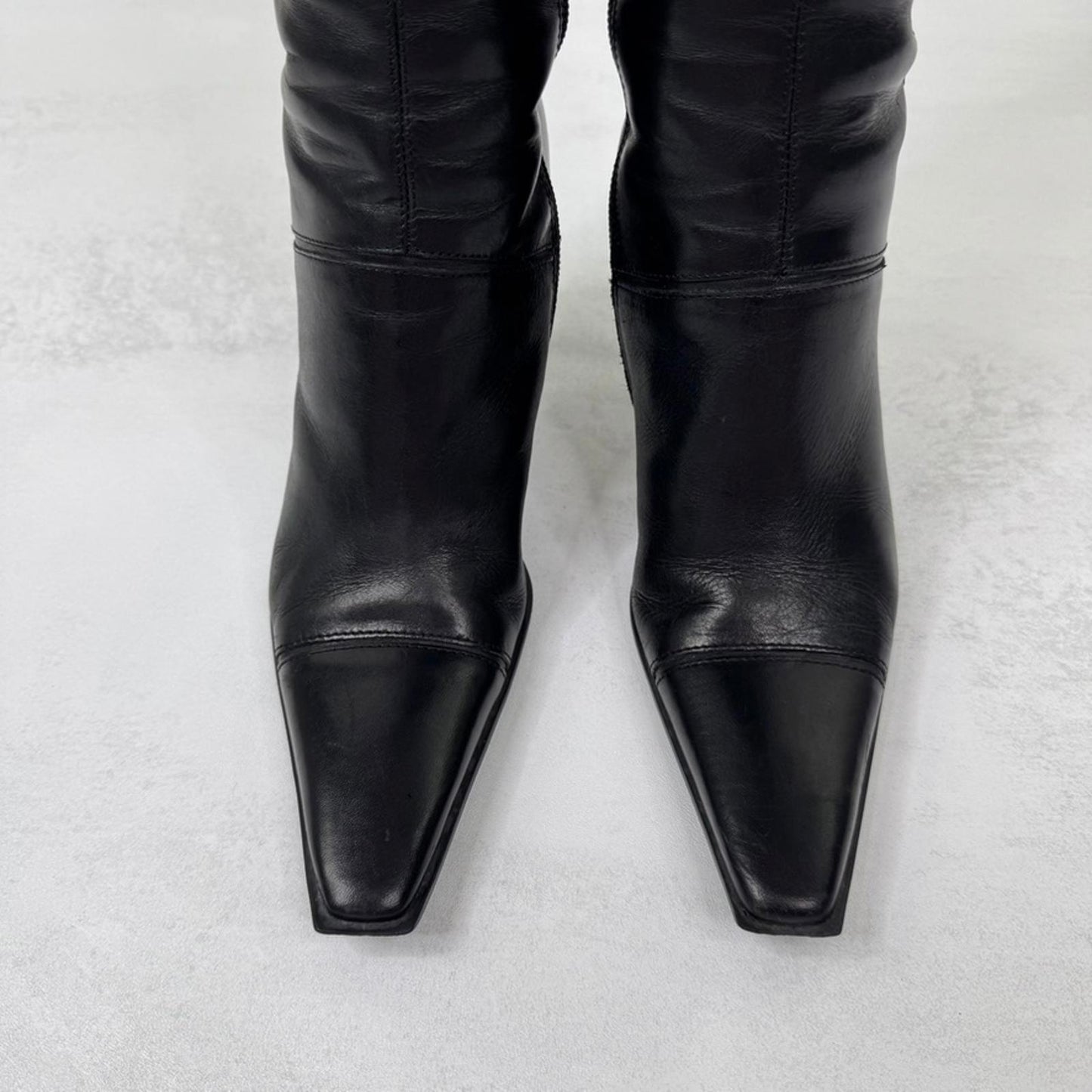 Y2K vintage genuine leather heeled boots square toe fitted block pointed black