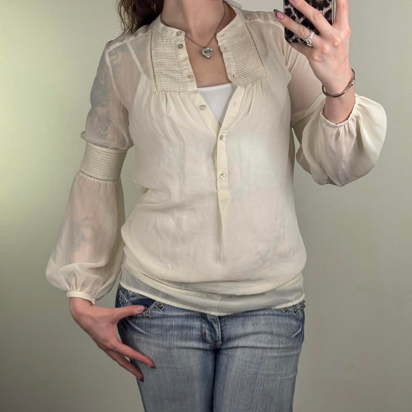 Y2K vintage blouse sheer long sleeve puff bell sleeve button up high neck boho