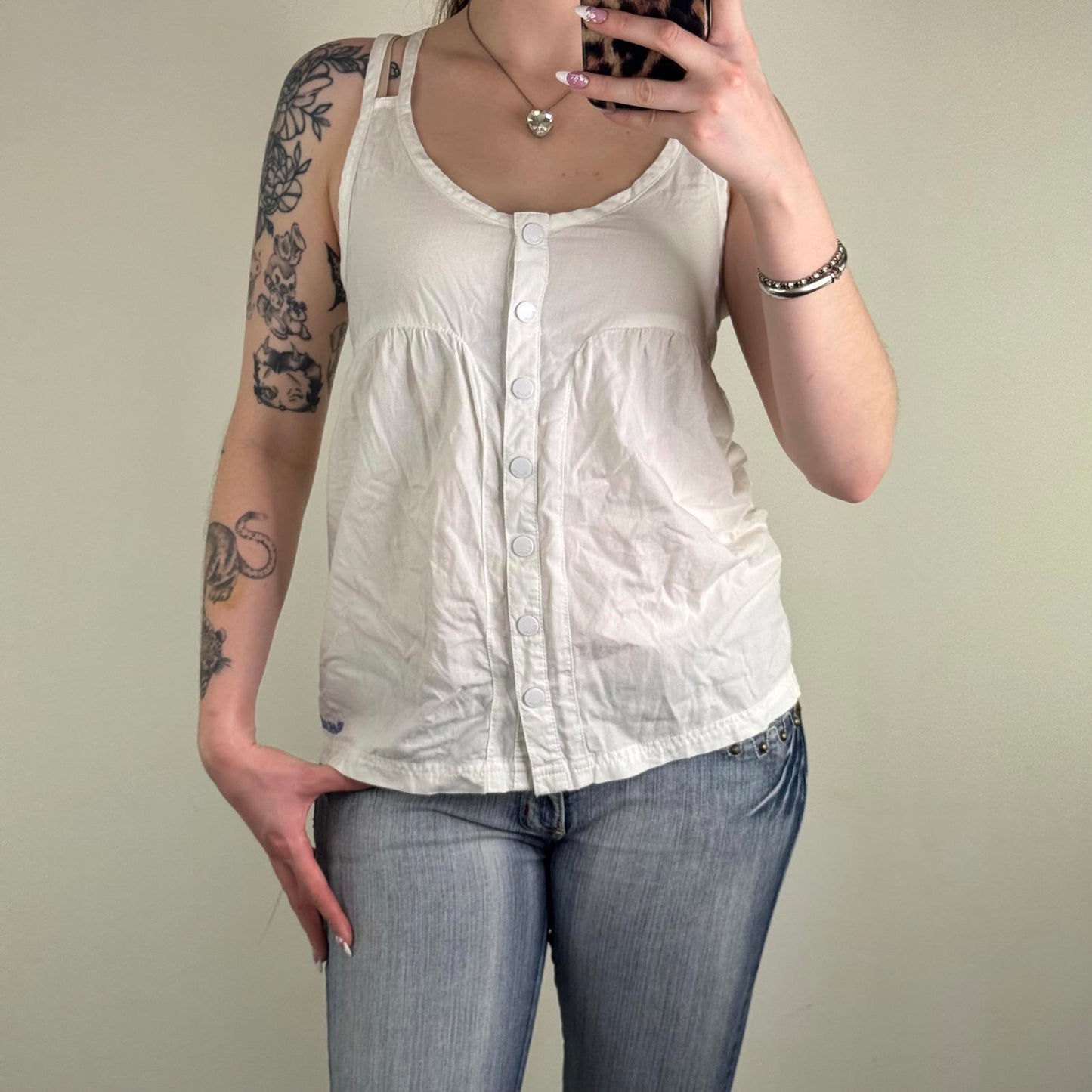 Y2K vintage Bench button up top sleeveless blouse round neck strappy flowy