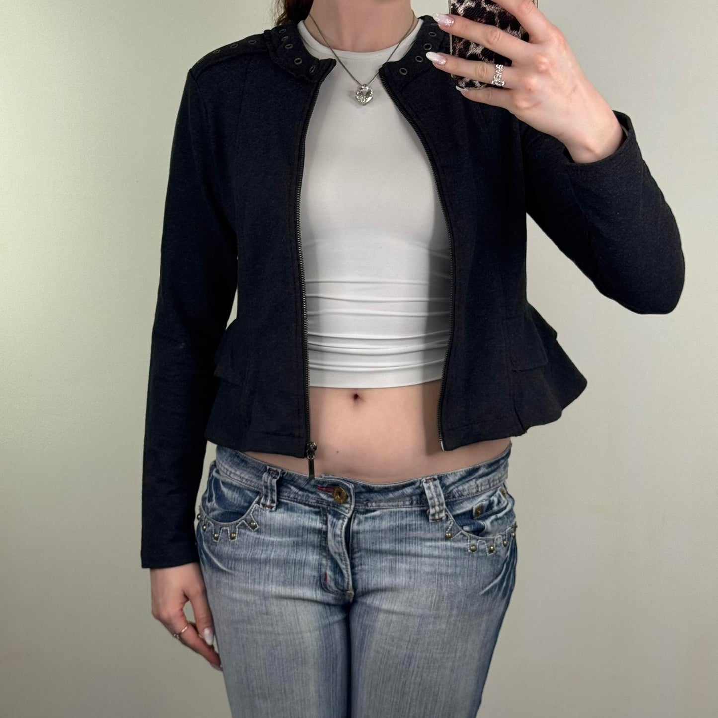 Y2K vintage zip up jumper grommet ruffle frill marl dark grey archive cropped