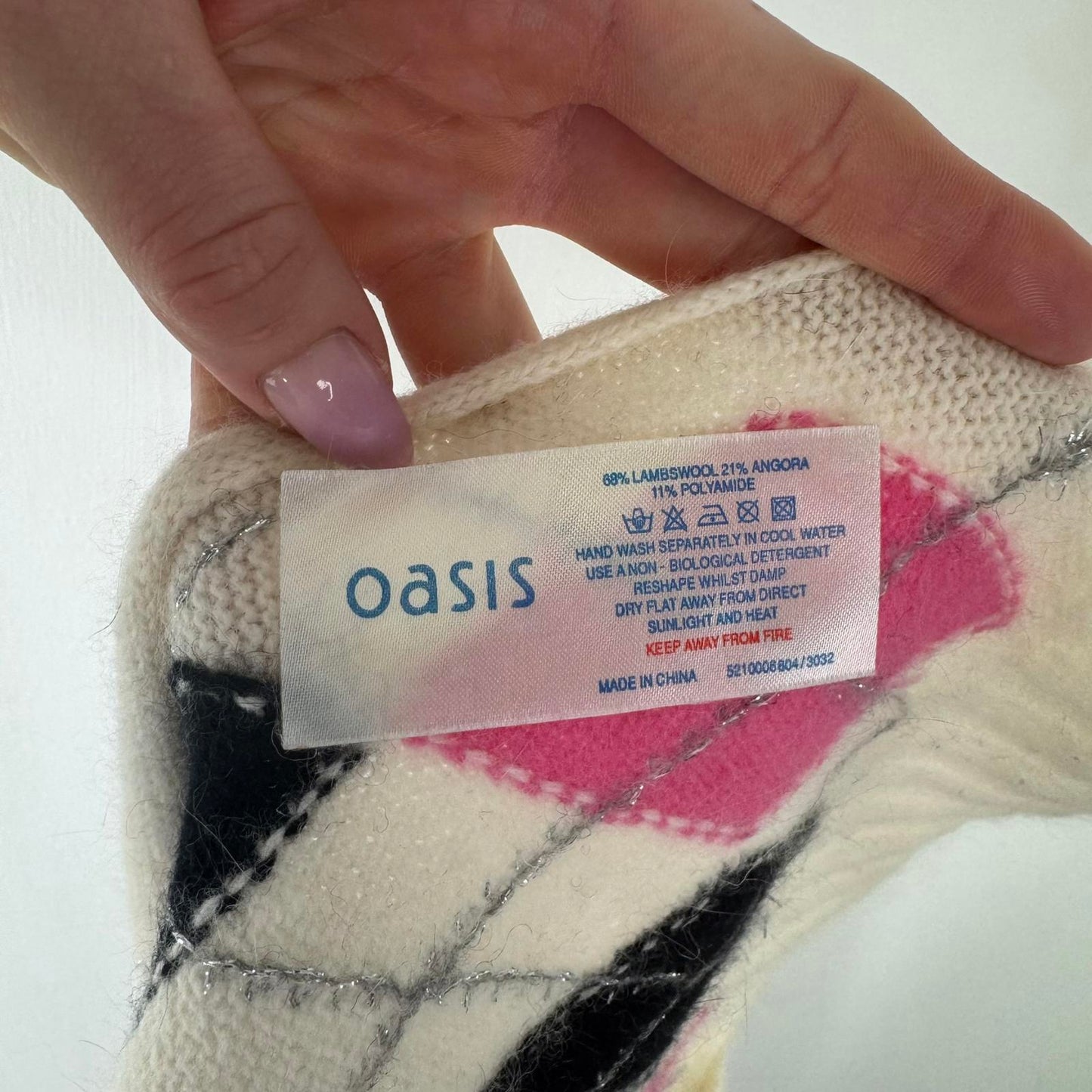 Y2K vintage scarf wool angora blend sparkly argyle print cream black pink