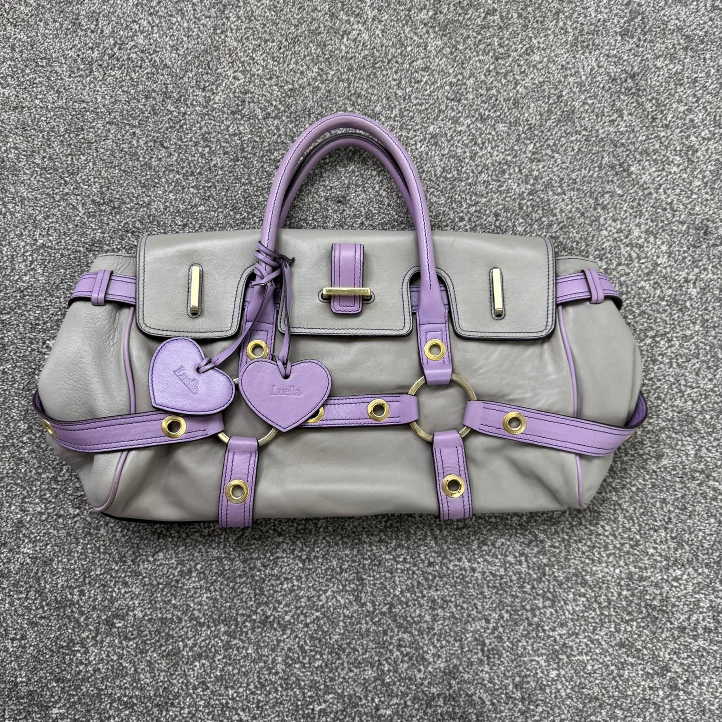Luella Gisele large handbag grey purple genuine leather two tone grommet hearts