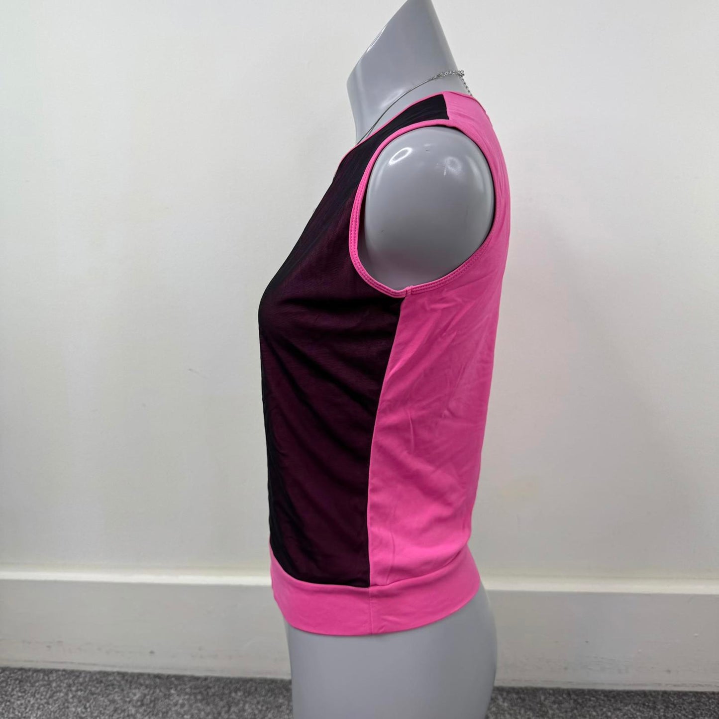 Y2K vintage mesh tank top pink black sleeveless round neck stretch fitted slinky
