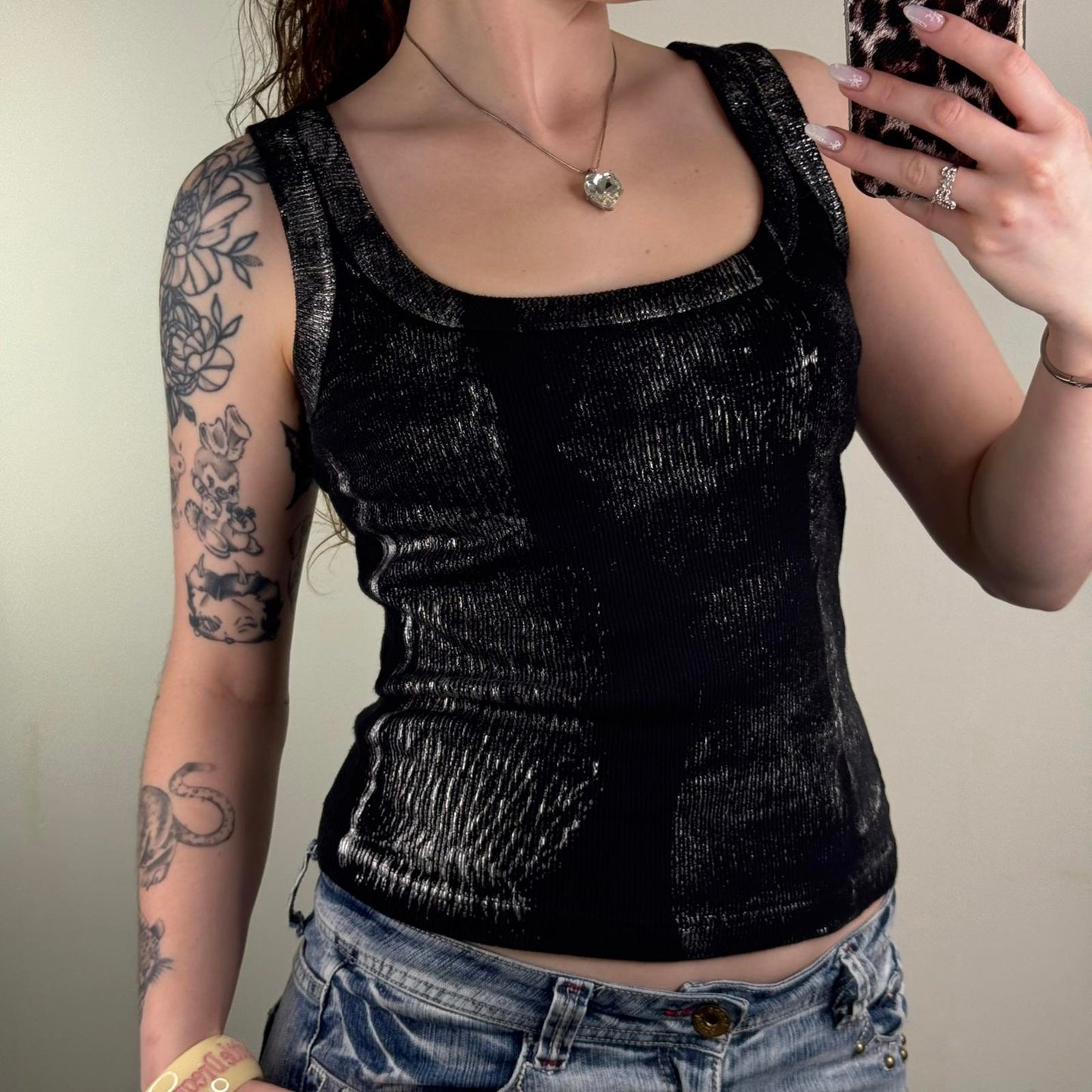 Y2K vintage Bay tank top ribbed silver distressed paint print black archive