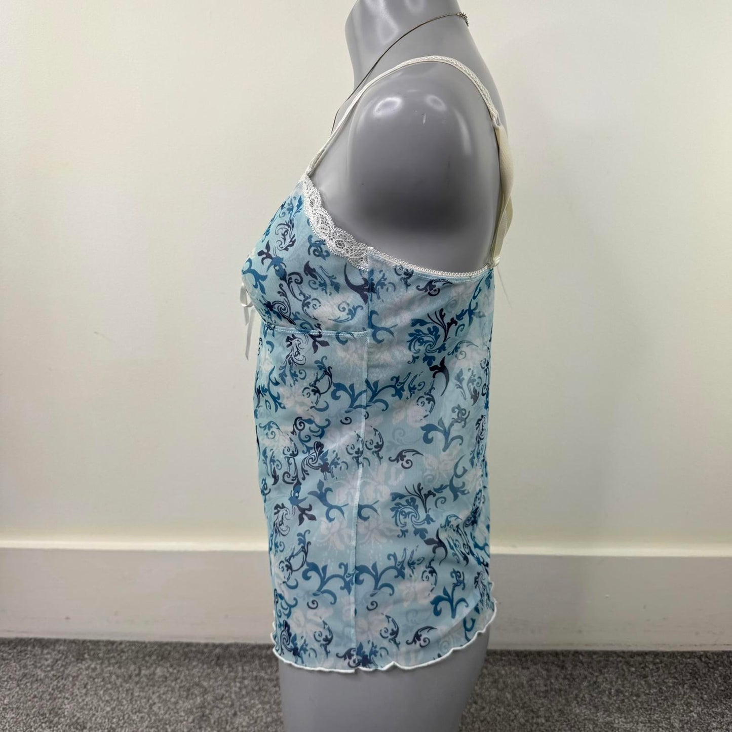 Y2K vintage mesh cami top lace trim filigree pattern bow sheer blue white fitted