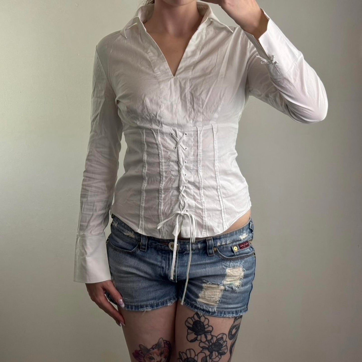 Y2K vintage stretchy long sleeve shirt lace up v neck blouse office tailored