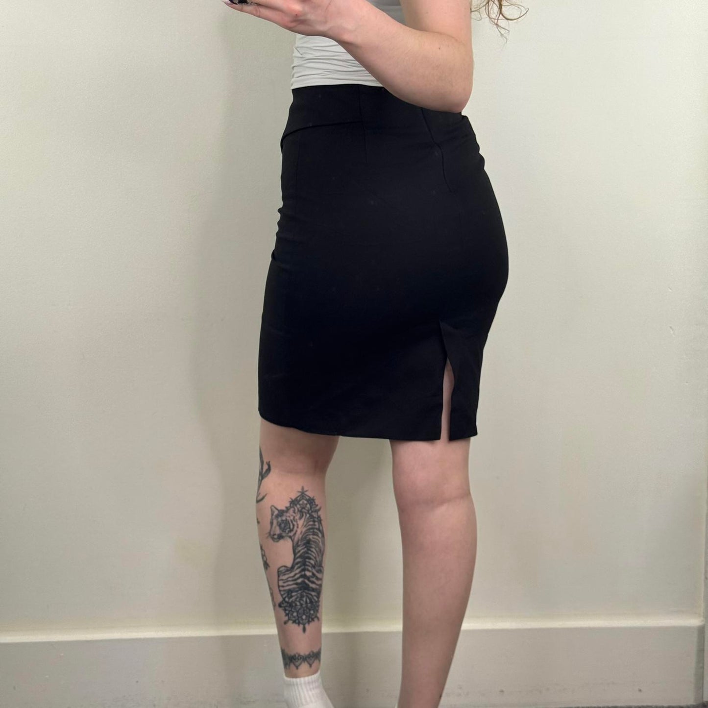 Vintage Karen Millen midi skirt above knee length buckle tailored black office