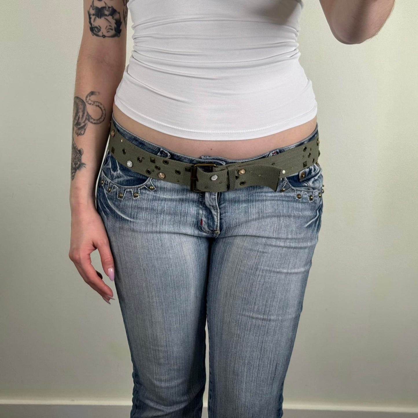 Y2K vintage canvas belt studded rhinestone grommet cargo khaki