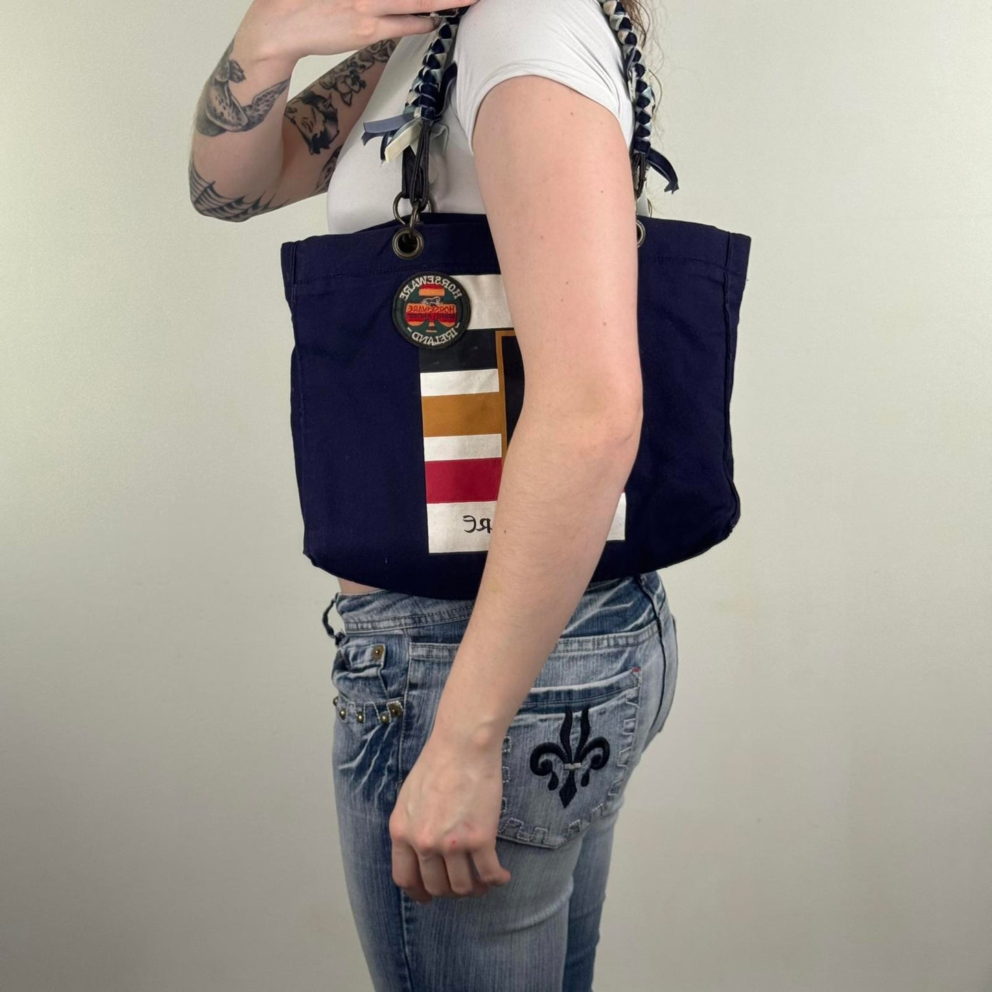 Y2K vintage horse shoulder bag equine stripe number 1 patches medium canvas