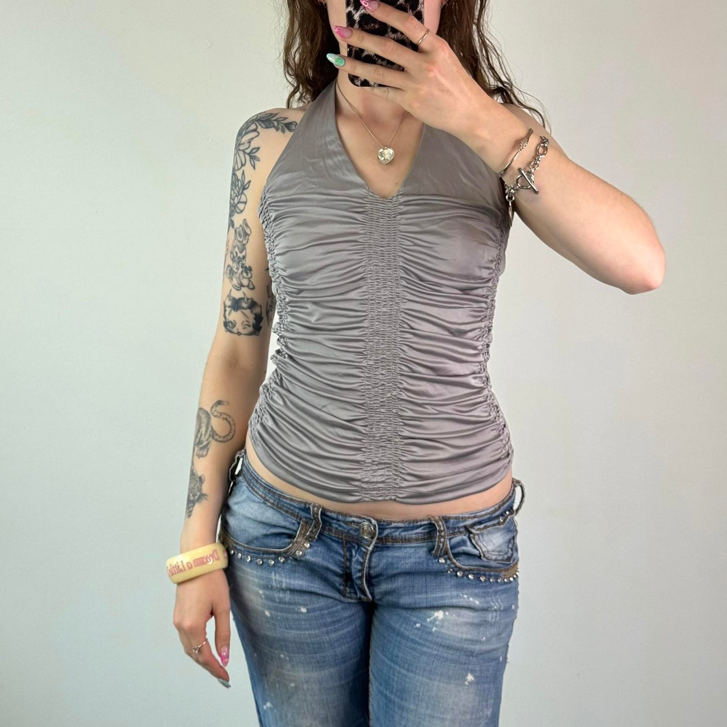 Y2K vintage slinky ruched halter neck v neck tie back stretchy ruched cyber