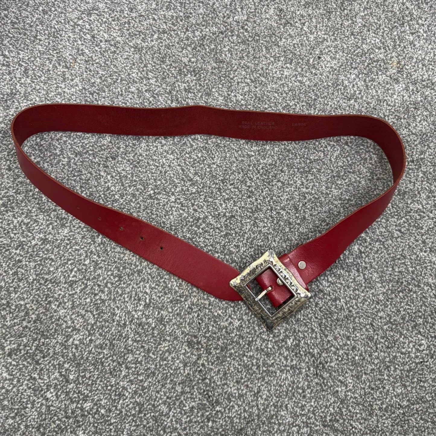Y2K vintage real leather square buckle belt red embossed
