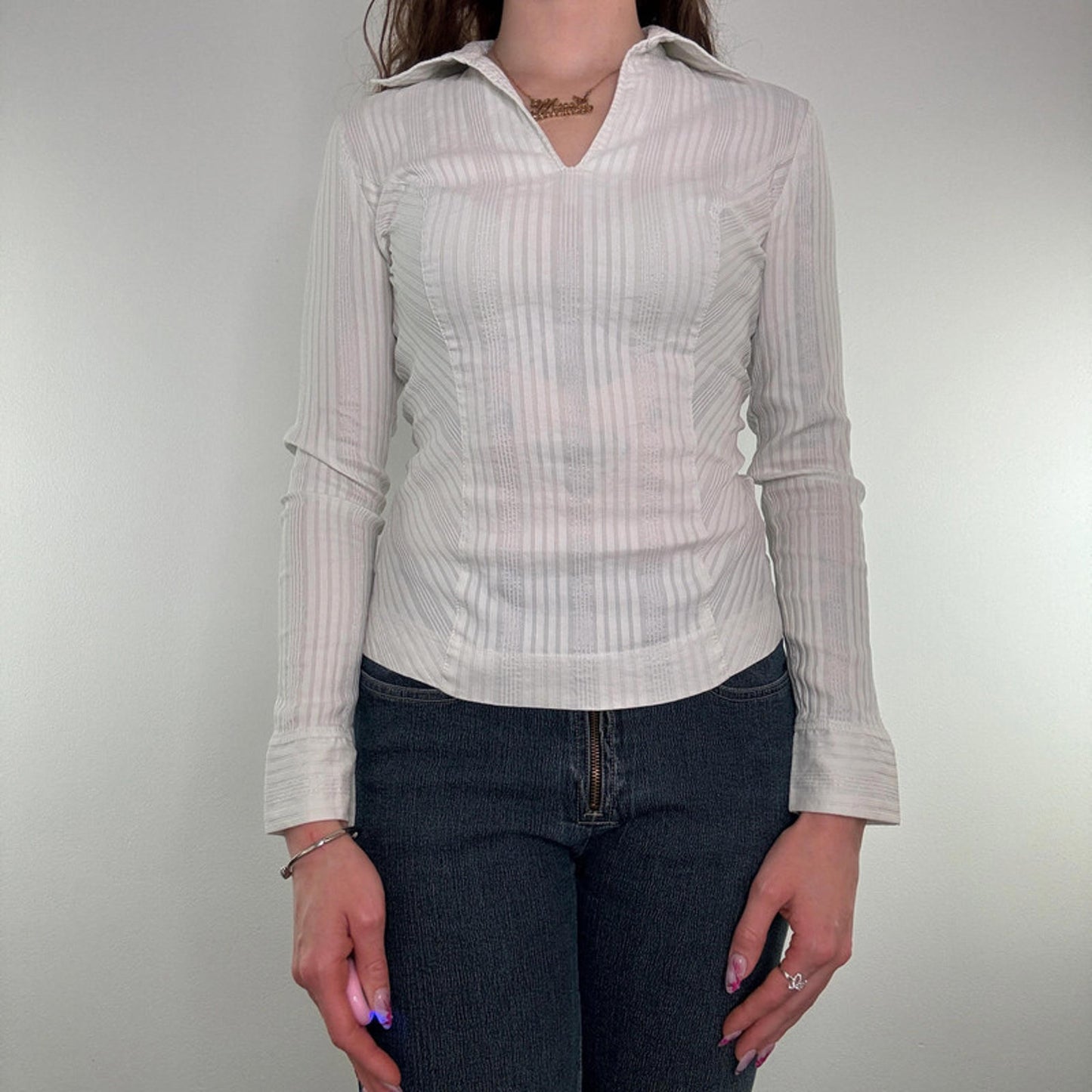 Y2K vintage fitted long sleeve shirt sparkly v neck collared stretchy sheer