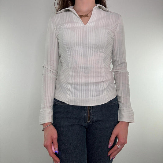 Y2K vintage fitted long sleeve shirt sparkly v neck collared stretchy sheer