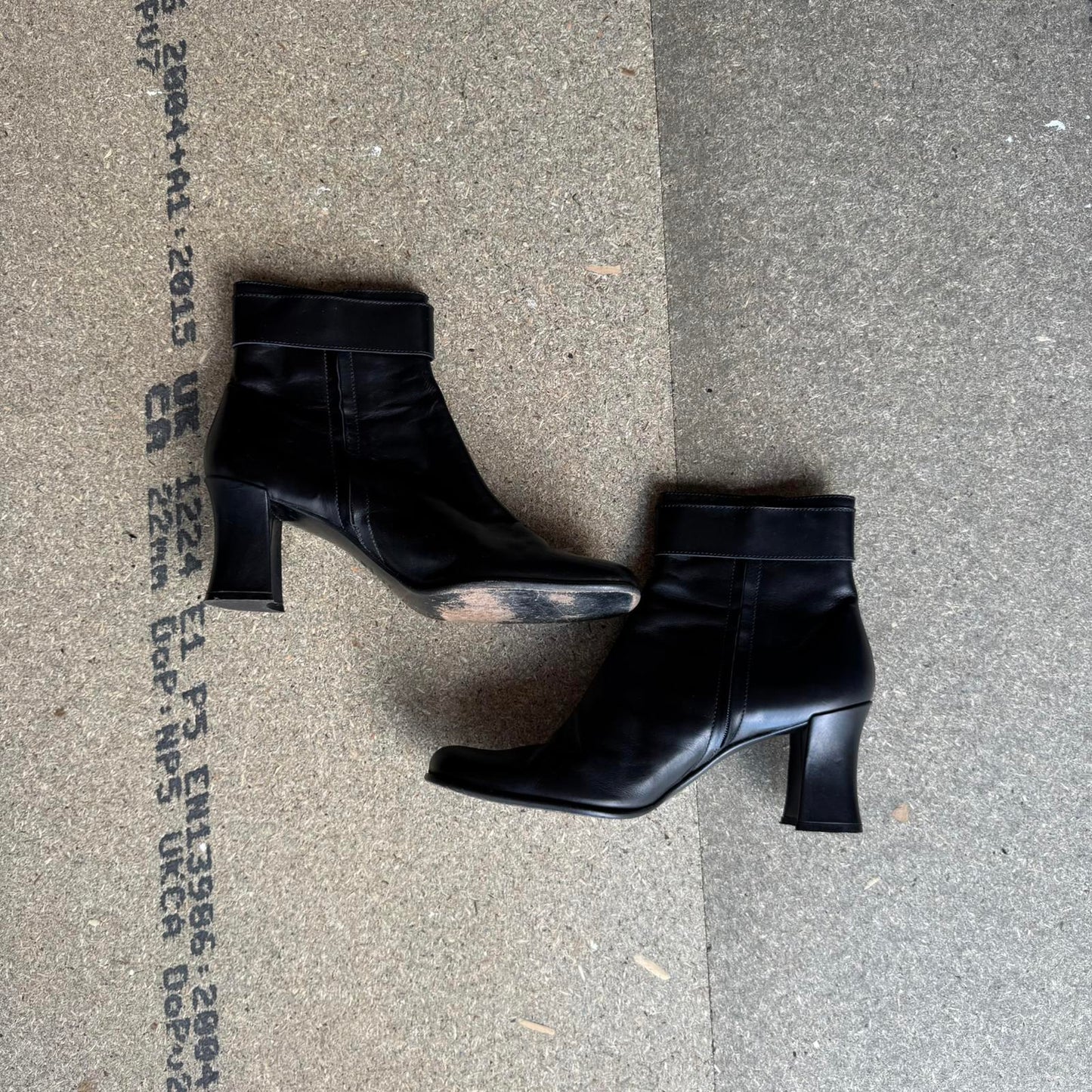 90s Y2K vintage Moschino leather block heel boots heart buckle square toe