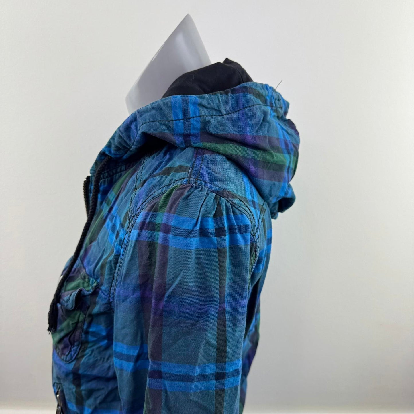 Y2K vintage tartan check zip up bomber jacket lightweight with hood plaid blue