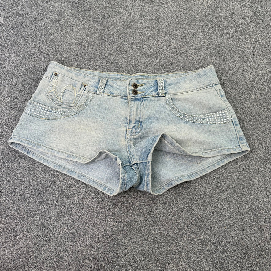 Y2K mcbling light denim rhinestone low rise shorts