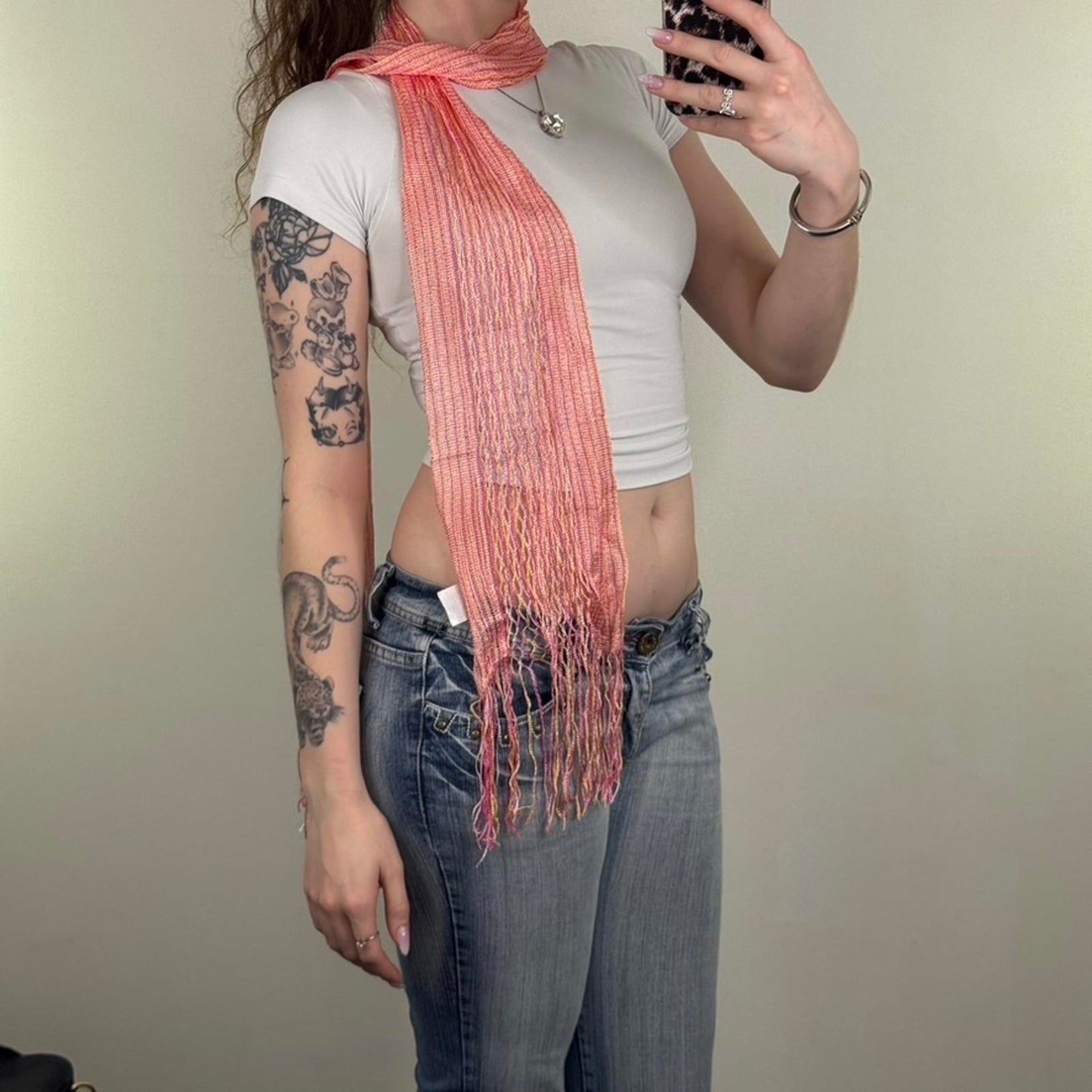 Y2K vintage sheer fine knit stripe scarf fringe orange pink lightweight