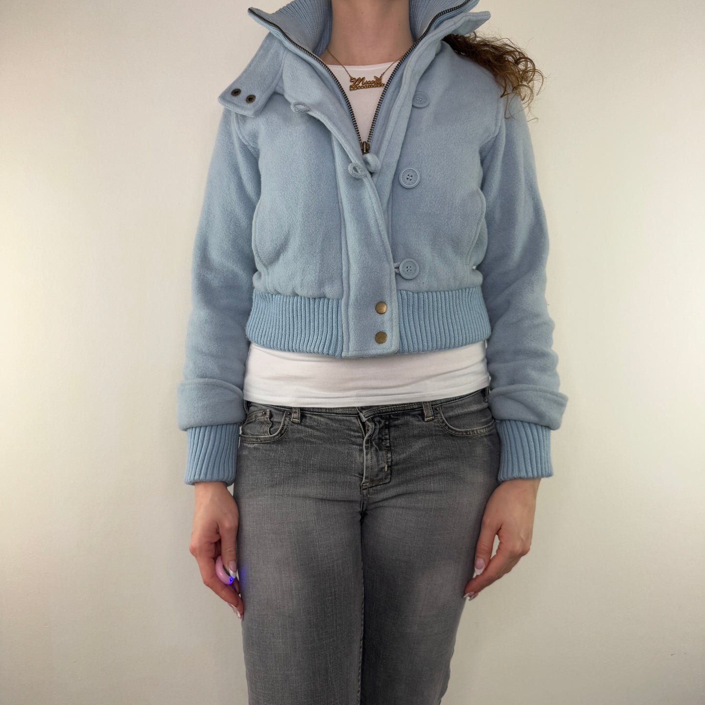 Y2K vintage short jacket wool zip up cropped baby blue buttons knit cuffs