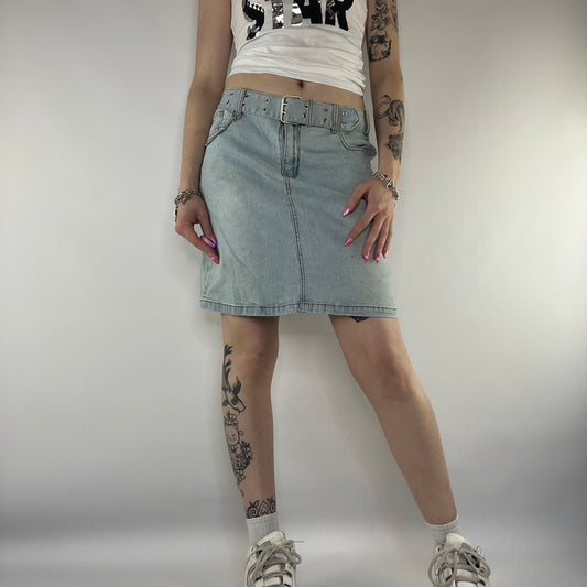 Y2K denim midi skirt with chain grommet belt