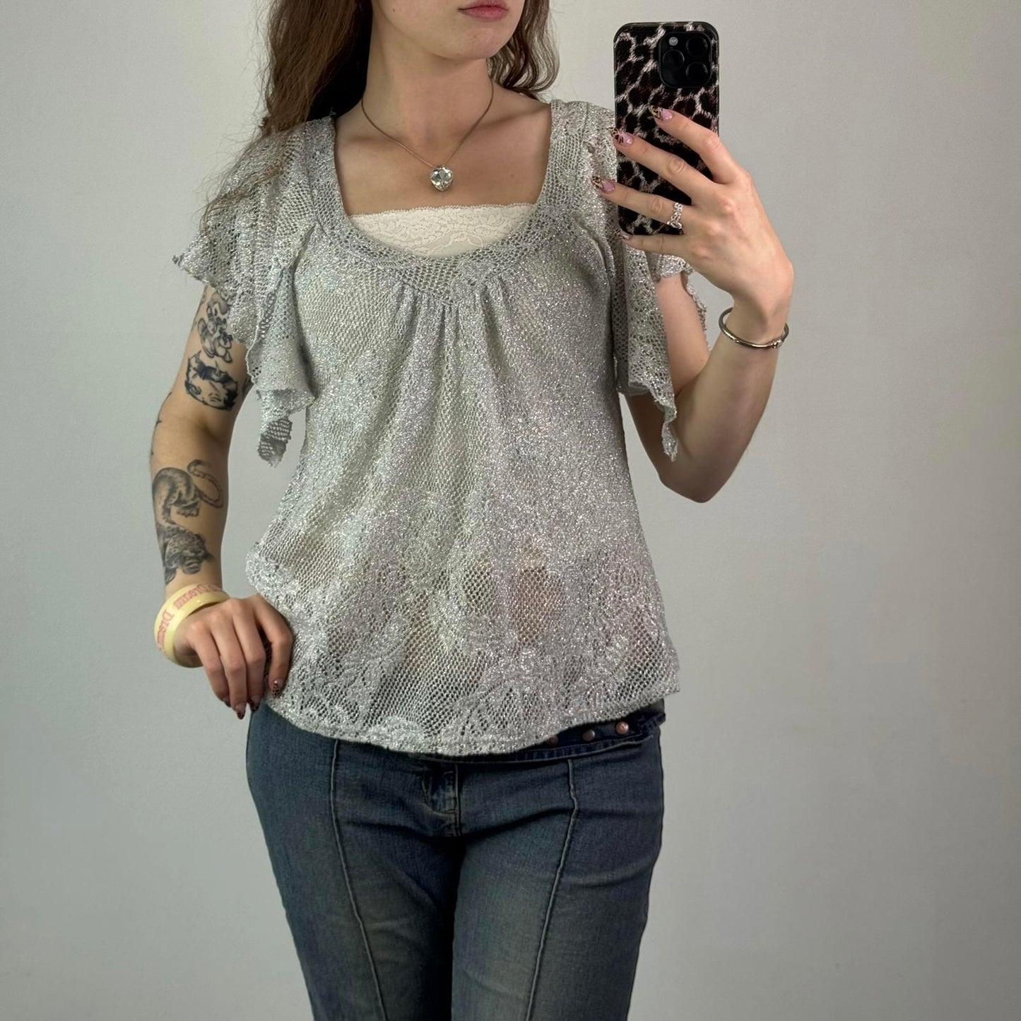 Y2K vintage sparkly knit top flare sleeve sheer low round neck silver frilly