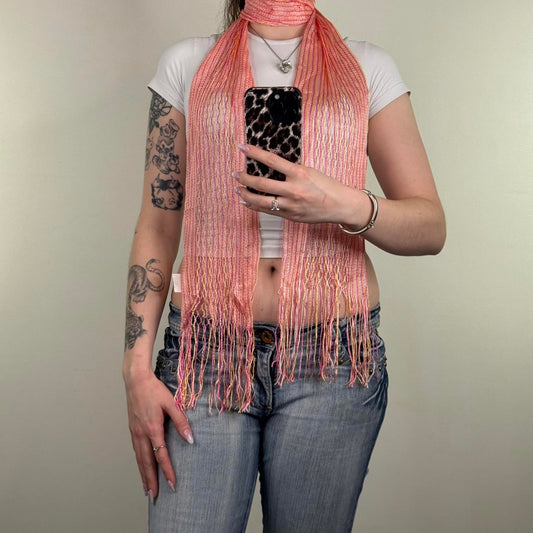 Y2K vintage sheer fine knit stripe scarf fringe orange pink lightweight