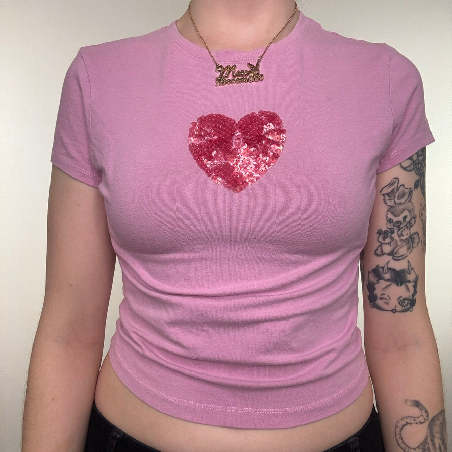 Y2K vintage baby tee heart sequin top