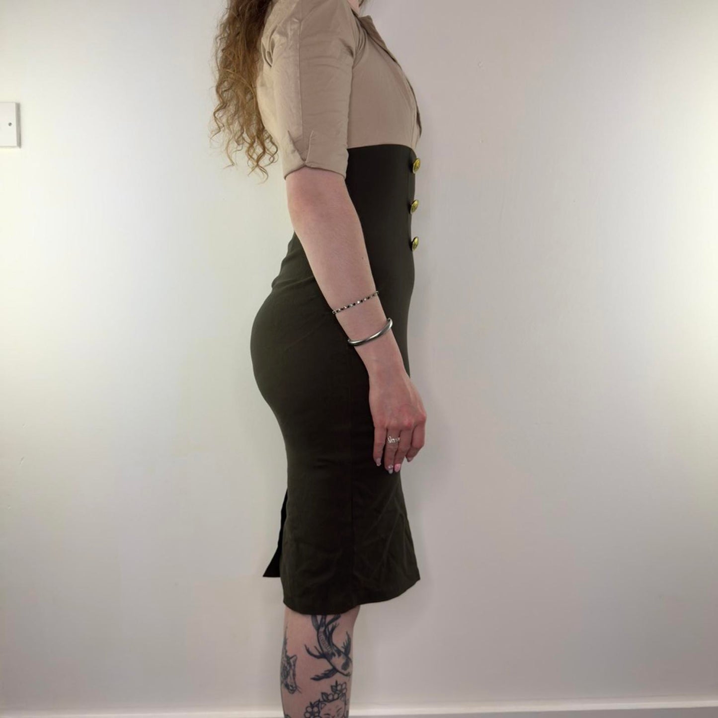 Pinup Couture military dress midi rockabilly stretchy fitted khaki beige