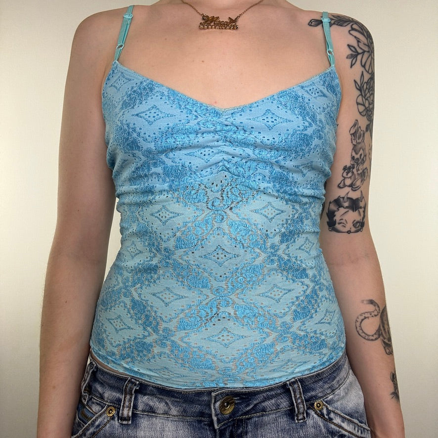 Y2K vintage cami top mesh lace ruched bust slightly cropped cute diamond pattern