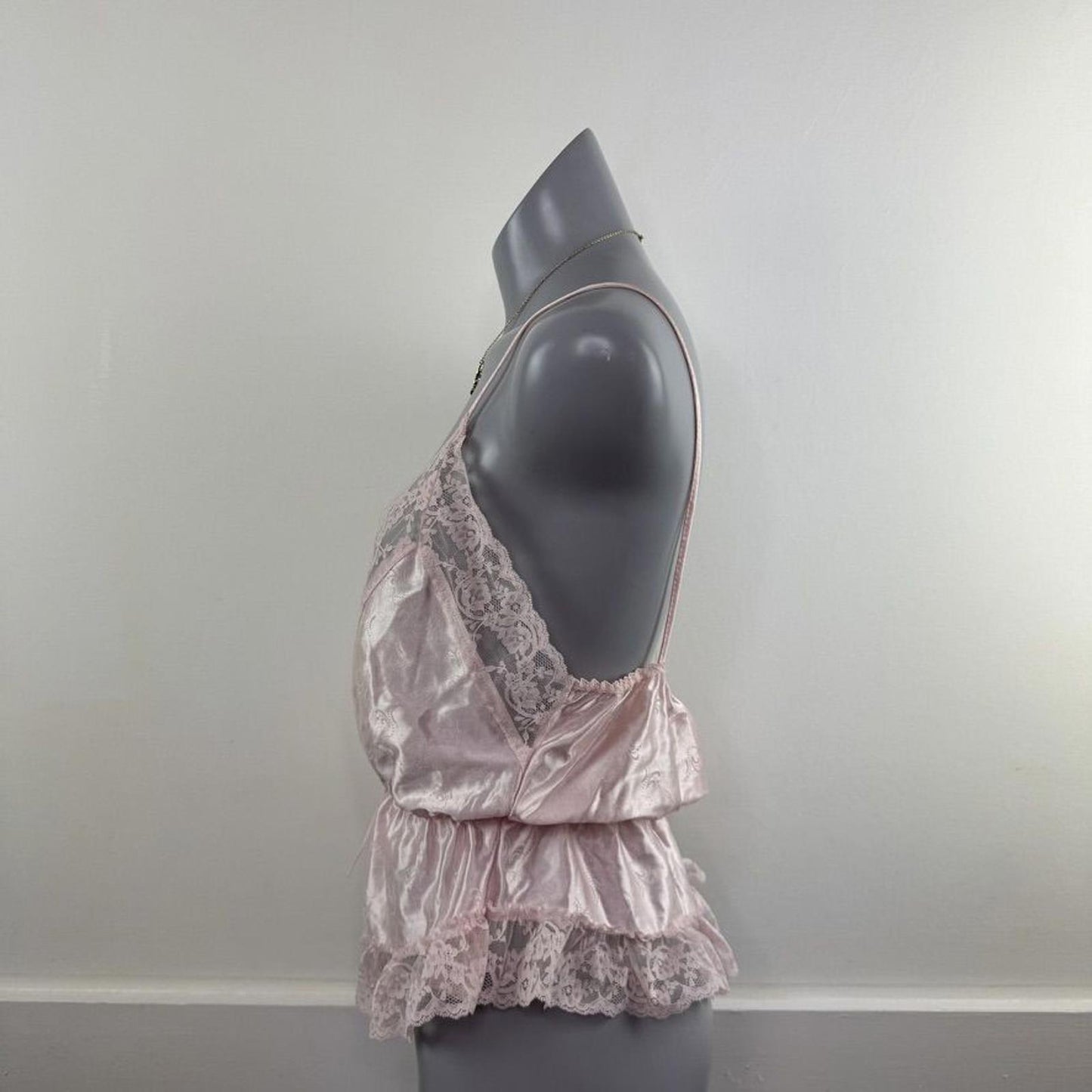 Vintage coquette satin lace trim lingerie top v neck frill strappy bow