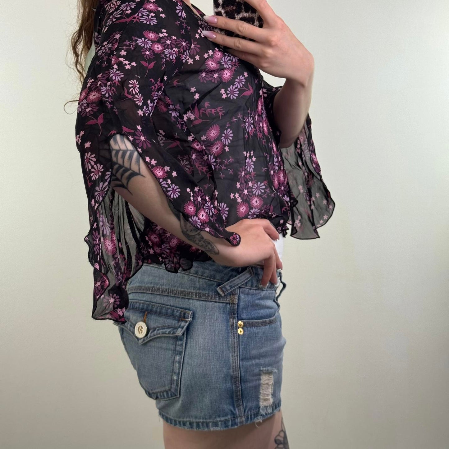 Y2K vintage sheer floral pattern flare sleeve top v neck purple black blouse