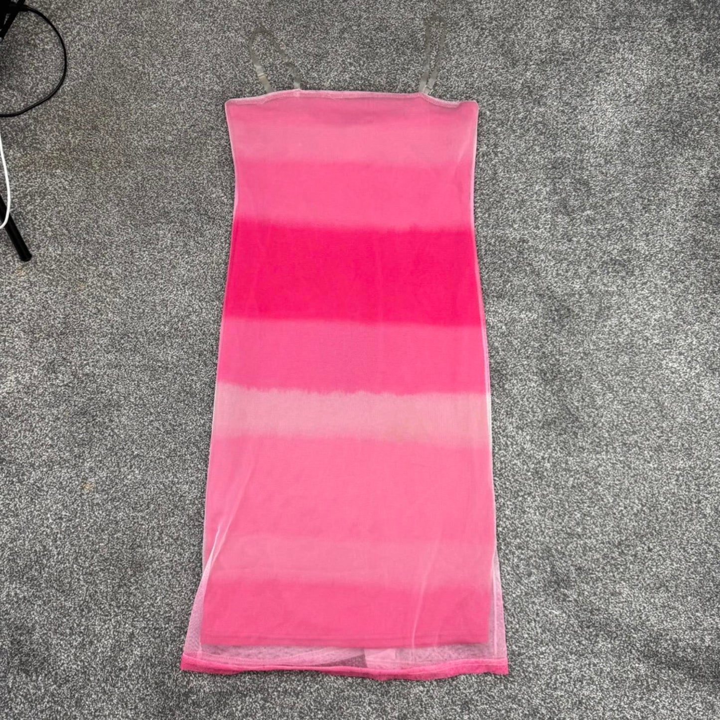 Y2K vintage ombre mesh overlay midi dress clear straps straight neck stripe pink