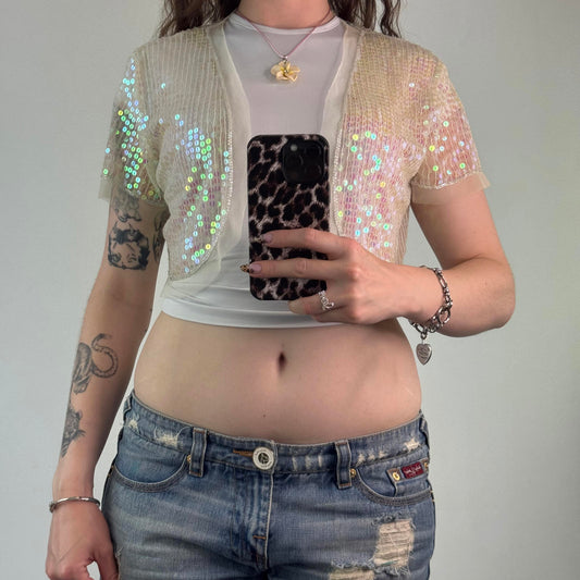 Y2K vintage sequin embellished mesh open front cropped cardigan short sleeve