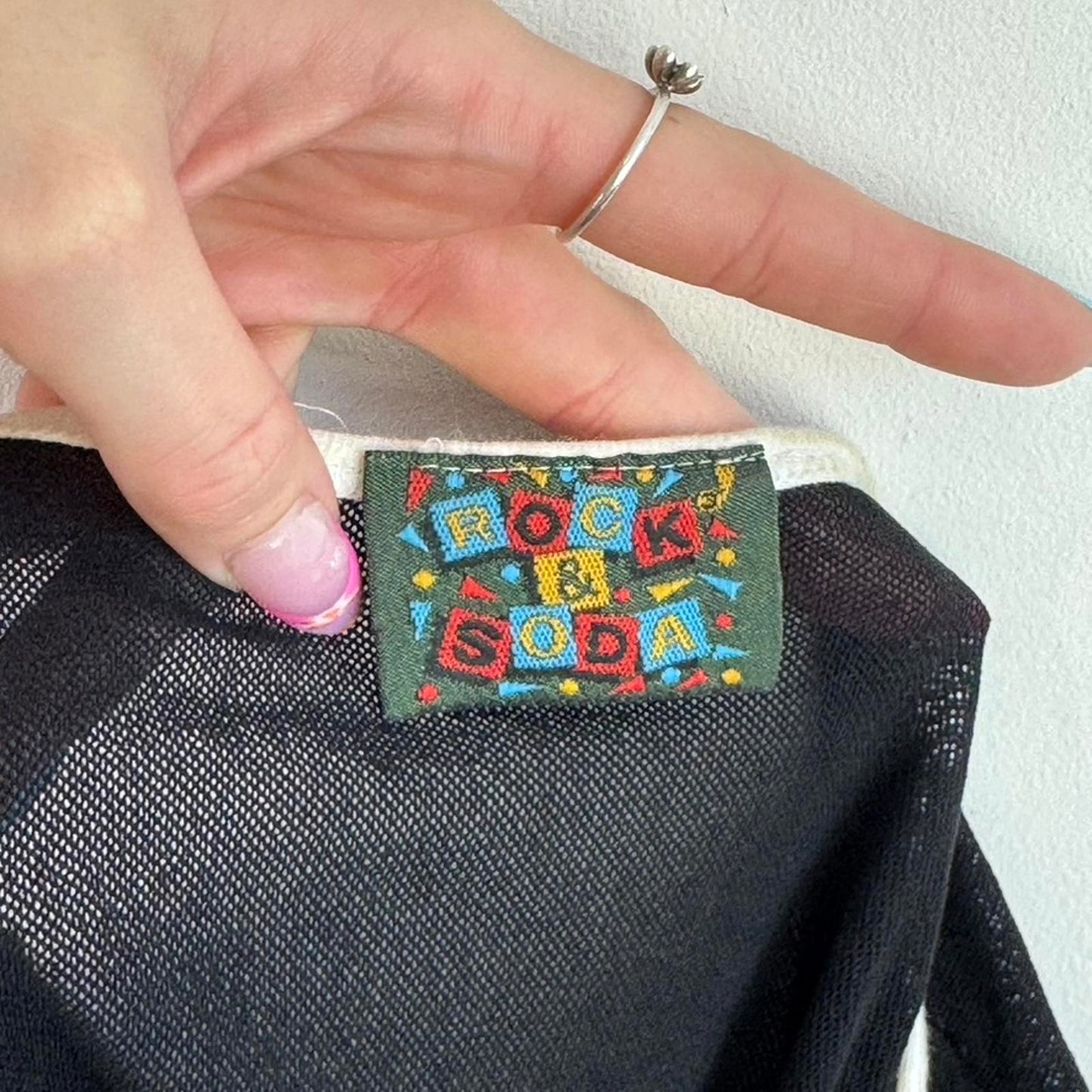 90s Y2K vintage mesh short sleeve crop top graphic print lettuce hem ringer text