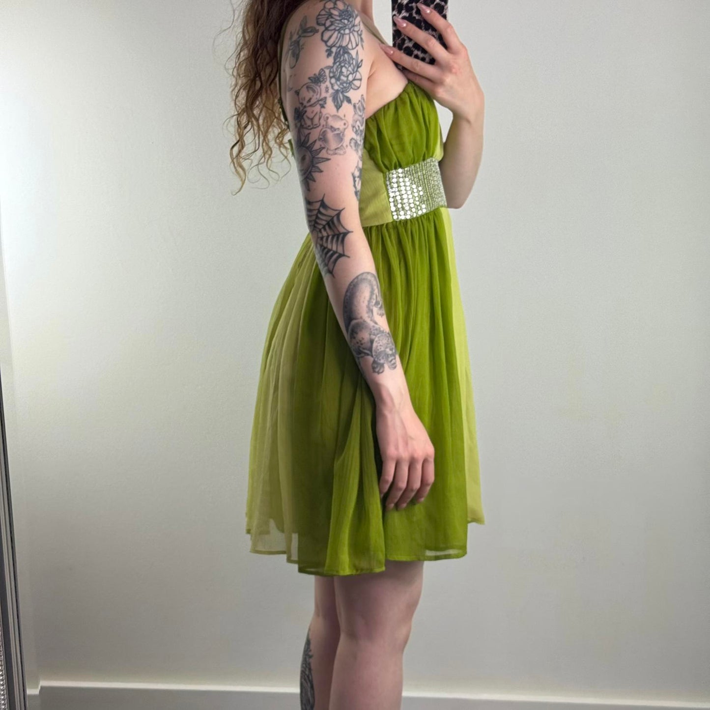 Y2K vintage green ombre sequin mini dress floaty a line ruched strappy